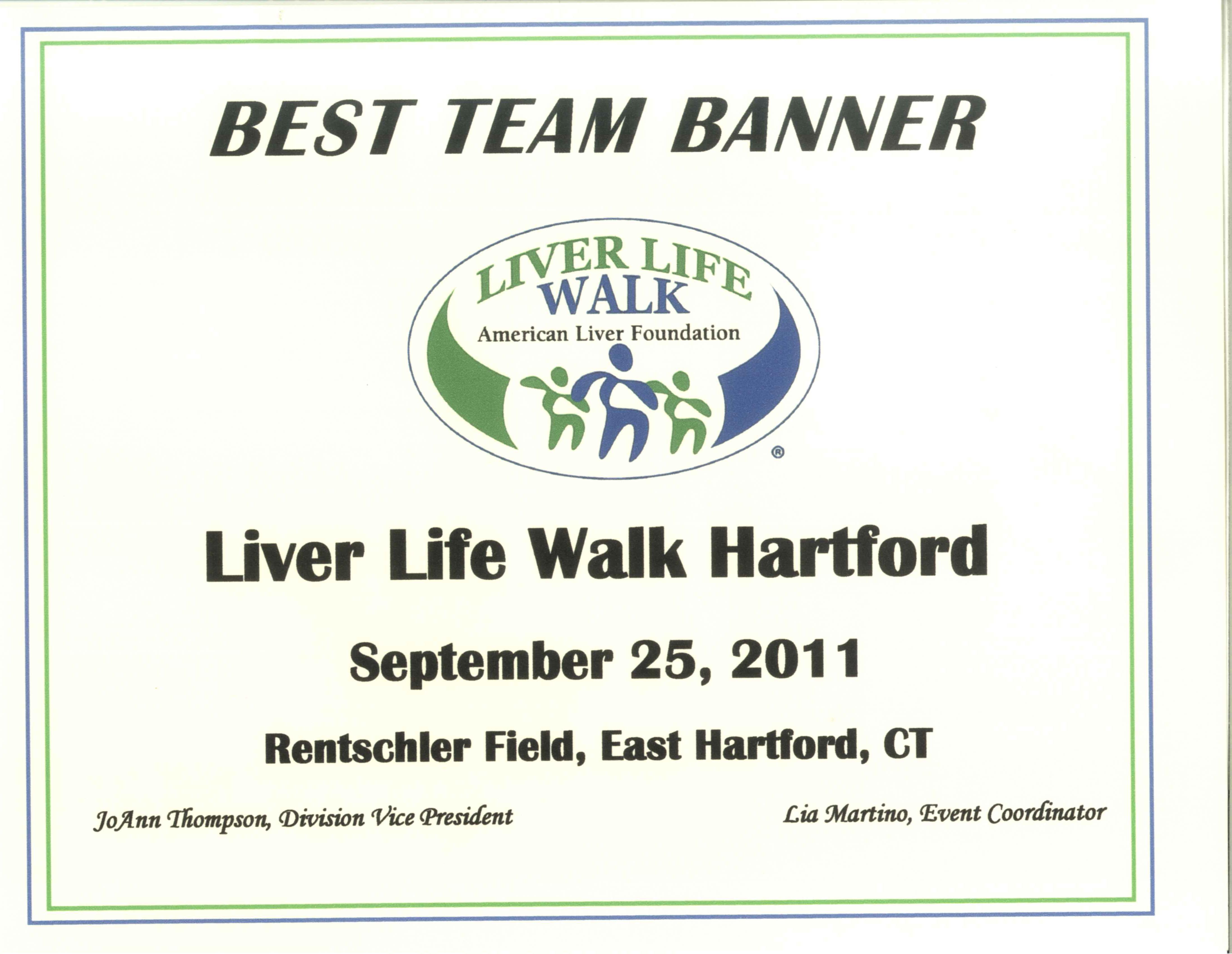Liver Life Walk Hartford 2011 Best Team Banner 2011